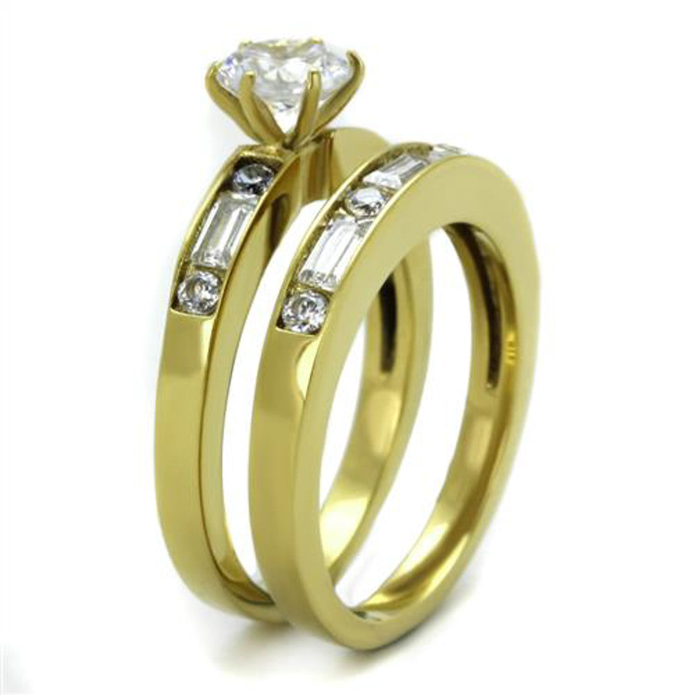 ARTK1897 Stunning 1.75 Ct Round Cut With Baguettes CZ Stainless Steel 14k Gold IP Wedding Ring Set Size 5-10